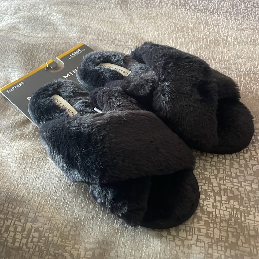 NWT Rebecca Minkoff Black Furry Bedroom Slippers with rubber soles.